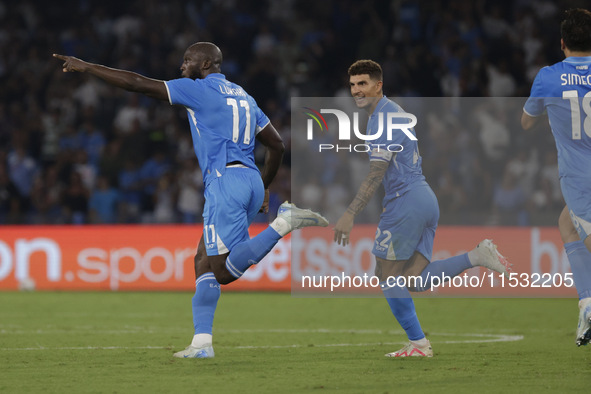 Romelu Lukaku of Napoli celebrates after scoring their first goal during the Serie A soccer match between SSC Napoli and Parma Calcio at Sta...