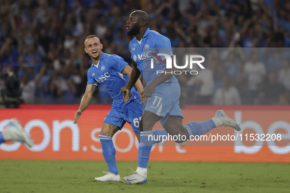 Romelu Lukaku of Napoli celebrates after scoring their first goal during the Serie A soccer match between SSC Napoli and Parma Calcio at Sta...