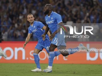 Romelu Lukaku of Napoli celebrates after scoring their first goal during the Serie A soccer match between SSC Napoli and Parma Calcio at Sta...