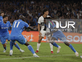 Frank Zambo Anguissa of Napoli celebrates after scoring their second goal during the Serie A soccer match between SSC Napoli and Parma Calci...