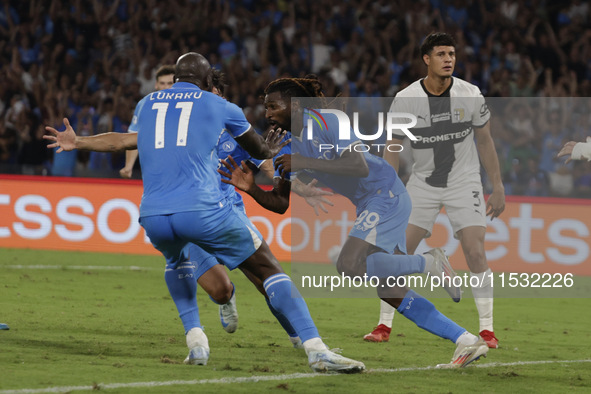 Frank Zambo Anguissa of Napoli celebrates after scoring their second goal during the Serie A soccer match between SSC Napoli and Parma Calci...