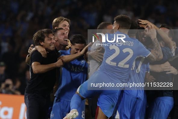 Frank Zambo Anguissa of Napoli celebrates after scoring their second goal during the Serie A soccer match between SSC Napoli and Parma Calci...