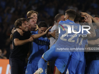 Frank Zambo Anguissa of Napoli celebrates after scoring their second goal during the Serie A soccer match between SSC Napoli and Parma Calci...