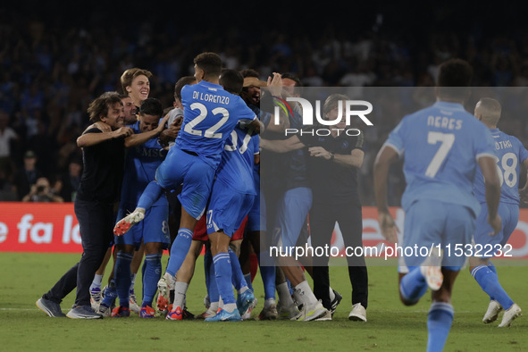 Frank Zambo Anguissa of Napoli celebrates after scoring their second goal during the Serie A soccer match between SSC Napoli and Parma Calci...