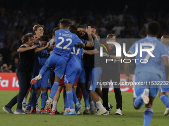 Frank Zambo Anguissa of Napoli celebrates after scoring their second goal during the Serie A soccer match between SSC Napoli and Parma Calci...