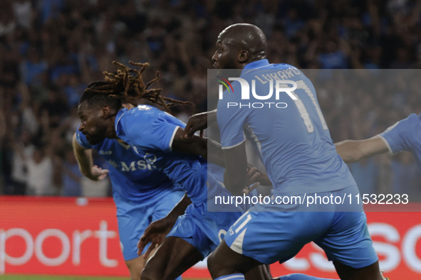 Frank Zambo Anguissa of Napoli celebrates after scoring their second goal during the Serie A soccer match between SSC Napoli and Parma Calci...