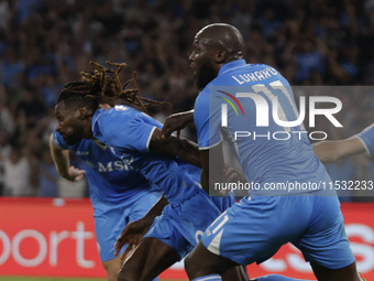 Frank Zambo Anguissa of Napoli celebrates after scoring their second goal during the Serie A soccer match between SSC Napoli and Parma Calci...