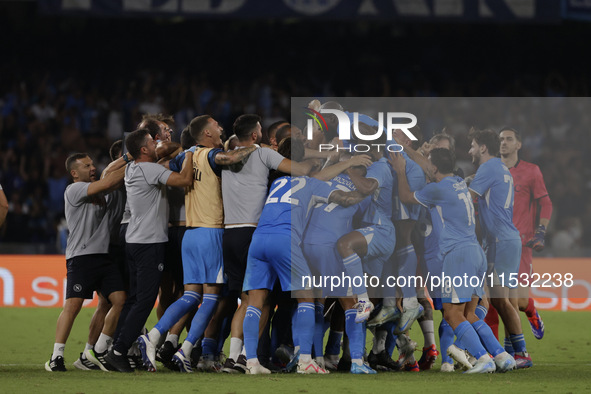 Frank Zambo Anguissa of Napoli celebrates after scoring their second goal during the Serie A soccer match between SSC Napoli and Parma Calci...