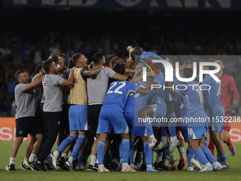 Frank Zambo Anguissa of Napoli celebrates after scoring their second goal during the Serie A soccer match between SSC Napoli and Parma Calci...