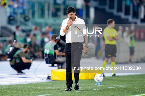 Paulo Fonseca head coach of AC Milan reacts during the Serie A Enilive match between SS Lazio and AC Milan at Stadio Olimpico on Aug 31, 202...