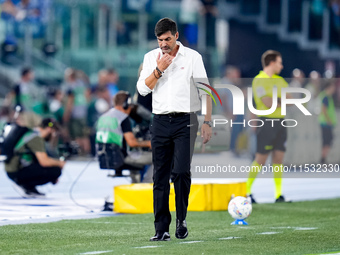 Paulo Fonseca head coach of AC Milan reacts during the Serie A Enilive match between SS Lazio and AC Milan at Stadio Olimpico on Aug 31, 202...