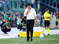 Paulo Fonseca head coach of AC Milan reacts during the Serie A Enilive match between SS Lazio and AC Milan at Stadio Olimpico on Aug 31, 202...