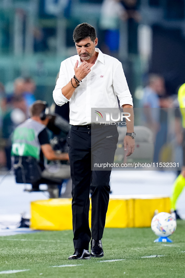 Paulo Fonseca head coach of AC Milan reacts during the Serie A Enilive match between SS Lazio and AC Milan at Stadio Olimpico on Aug 31, 202...