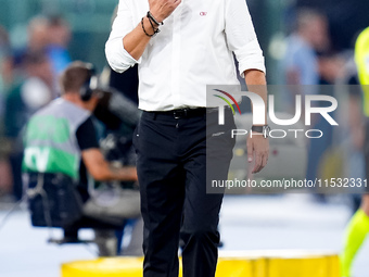 Paulo Fonseca head coach of AC Milan reacts during the Serie A Enilive match between SS Lazio and AC Milan at Stadio Olimpico on Aug 31, 202...