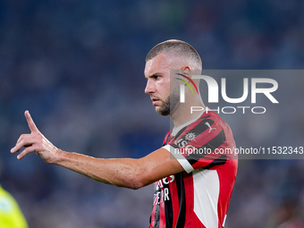 Strahinja Pavlovic of AC Milan gestures during the Serie A Enilive match between SS Lazio and AC Milan at Stadio Olimpico on Aug 31, 2024 in...