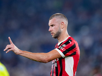 Strahinja Pavlovic of AC Milan gestures during the Serie A Enilive match between SS Lazio and AC Milan at Stadio Olimpico on Aug 31, 2024 in...