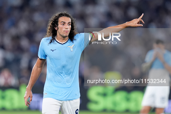 Matteo Guendouzi of SS Lazio gestures during the Serie A Enilive match between SS Lazio and AC Milan at Stadio Olimpico on Aug 31, 2024 in R...