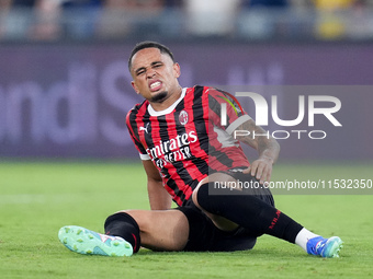 Noah Okafor of AC Milan looks dejected during the Serie A Enilive match between SS Lazio and AC Milan at Stadio Olimpico on Aug 31, 2024 in...