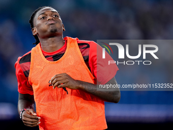 Rafael Leao of AC Milan reacts during the Serie A Enilive match between SS Lazio and AC Milan at Stadio Olimpico on Aug 31, 2024 in Rome, It...