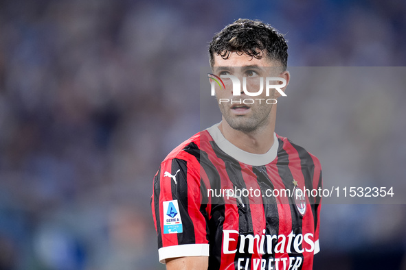 Christian Pulisic of AC Milan looks on during the Serie A Enilive match between SS Lazio and AC Milan at Stadio Olimpico on Aug 31, 2024 in...