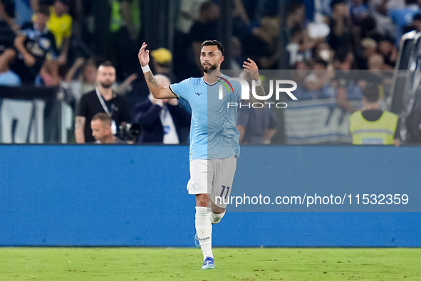 Taty Castellanos of SS Lazio celebrates after scoring first goal during the Serie A Enilive match between SS Lazio and AC Milan at Stadio Ol...