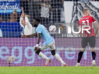 Boulaye Dia of SS Lazio celebrates after scoring second goal during the Serie A Enilive match between SS Lazio and AC Milan at Stadio Olimpi...