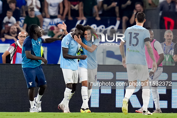 Boulaye Dia of SS Lazio celebrates after scoring second goal during the Serie A Enilive match between SS Lazio and AC Milan at Stadio Olimpi...