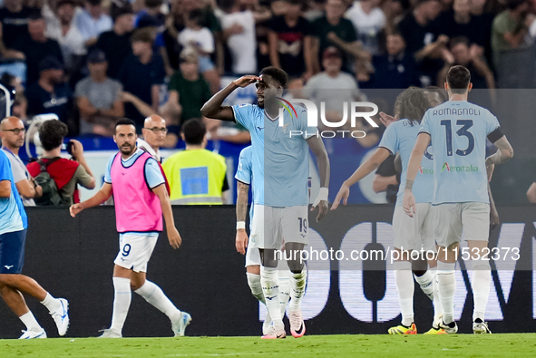 Boulaye Dia of SS Lazio celebrates after scoring second goal during the Serie A Enilive match between SS Lazio and AC Milan at Stadio Olimpi...