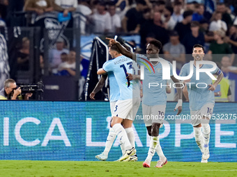 Boulaye Dia of SS Lazio celebrates after scoring second goal during the Serie A Enilive match between SS Lazio and AC Milan at Stadio Olimpi...