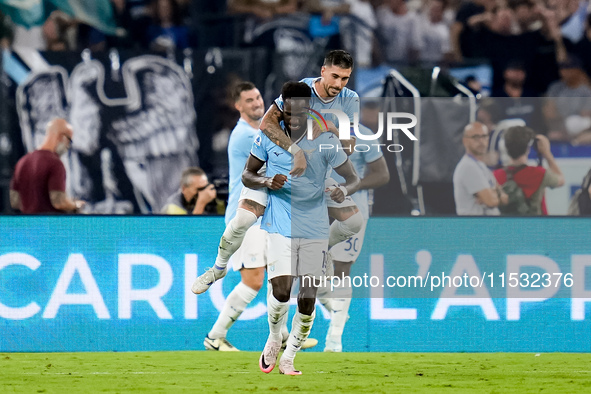 Boulaye Dia of SS Lazio celebrates after scoring second goal during the Serie A Enilive match between SS Lazio and AC Milan at Stadio Olimpi...