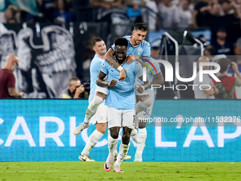 Boulaye Dia of SS Lazio celebrates after scoring second goal during the Serie A Enilive match between SS Lazio and AC Milan at Stadio Olimpi...