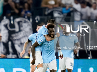 Boulaye Dia of SS Lazio celebrates after scoring second goal during the Serie A Enilive match between SS Lazio and AC Milan at Stadio Olimpi...