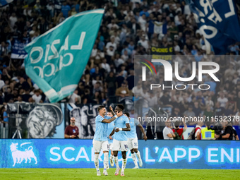 Boulaye Dia of SS Lazio celebrates after scoring second goal during the Serie A Enilive match between SS Lazio and AC Milan at Stadio Olimpi...