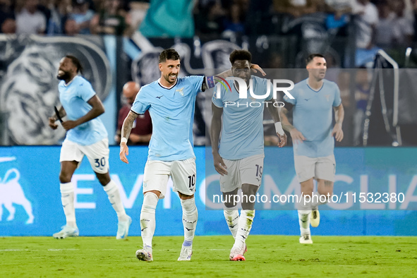 Boulaye Dia of SS Lazio celebrates after scoring second goal during the Serie A Enilive match between SS Lazio and AC Milan at Stadio Olimpi...