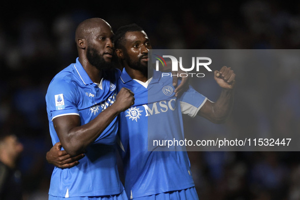 Romelu Lukaku of Napoli and Frank Zambo Anguissa of Napoli celebrate at the end of the Serie A soccer match between SSC Napoli and Parma Cal...