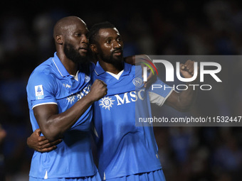 Romelu Lukaku of Napoli and Frank Zambo Anguissa of Napoli celebrate at the end of the Serie A soccer match between SSC Napoli and Parma Cal...