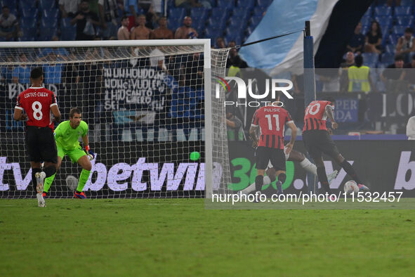 Rafael Leao of A.C. Milan celebrates after scoring the goal of 2-2 during the 3rd day of the Serie A Championship between S.S. Lazio and A.C...