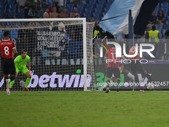 Rafael Leao of A.C. Milan celebrates after scoring the goal of 2-2 during the 3rd day of the Serie A Championship between S.S. Lazio and A.C...