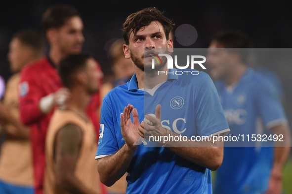 Khvicha Kvaratskhelia of SSC Napoli applauds fans at the end of the Serie A match between SSC Napoli and Parma Calcio at Stadio Diego Armand...