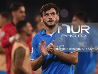 Khvicha Kvaratskhelia of SSC Napoli applauds fans at the end of the Serie A match between SSC Napoli and Parma Calcio at Stadio Diego Armand...