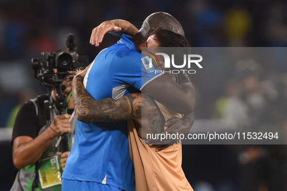 Romelu Lukaku and Matteo Politano of SSC Napoli celebrate at the end of the Serie A match between SSC Napoli and Parma Calcio at Stadio Dieg...