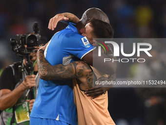 Romelu Lukaku and Matteo Politano of SSC Napoli celebrate at the end of the Serie A match between SSC Napoli and Parma Calcio at Stadio Dieg...