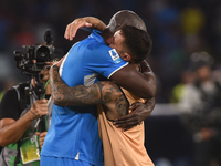 Romelu Lukaku and Matteo Politano of SSC Napoli celebrate at the end of the Serie A match between SSC Napoli and Parma Calcio at Stadio Dieg...