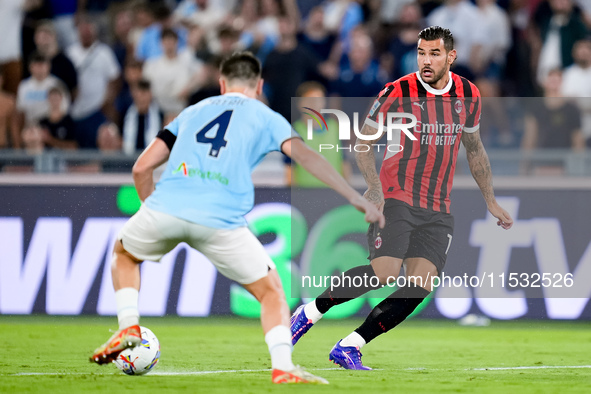 Theo Hernandez of AC Milan during the Serie A Enilive match between SS Lazio and AC Milan at Stadio Olimpico on Aug 31, 2024 in Rome, Italy....