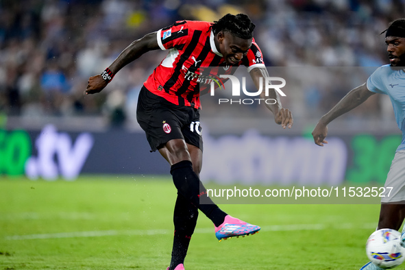 Rafael Leao of AC Milan scores second goal during the Serie A Enilive match between SS Lazio and AC Milan at Stadio Olimpico on Aug 31, 2024...