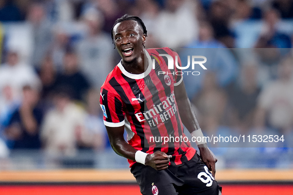 Tammy Abraham of AC Milan reacts during the Serie A Enilive match between SS Lazio and AC Milan at Stadio Olimpico on Aug 31, 2024 in Rome,...