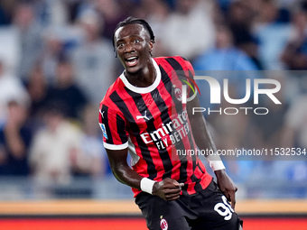 Tammy Abraham of AC Milan reacts during the Serie A Enilive match between SS Lazio and AC Milan at Stadio Olimpico on Aug 31, 2024 in Rome,...