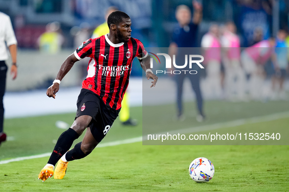 Yunus Musah of AC Milan in action during the Serie A Enilive match between SS Lazio and AC Milan at Stadio Olimpico on Aug 31, 2024 in Rome,...