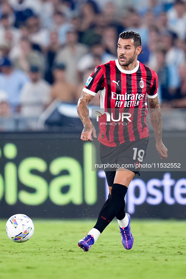 Theo Hernandez of AC Milan during the Serie A Enilive match between SS Lazio and AC Milan at Stadio Olimpico on Aug 31, 2024 in Rome, Italy....