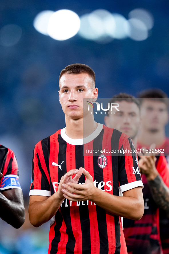 Francesco Camarda of AC Milan looks on during the Serie A Enilive match between SS Lazio and AC Milan at Stadio Olimpico on Aug 31, 2024 in...